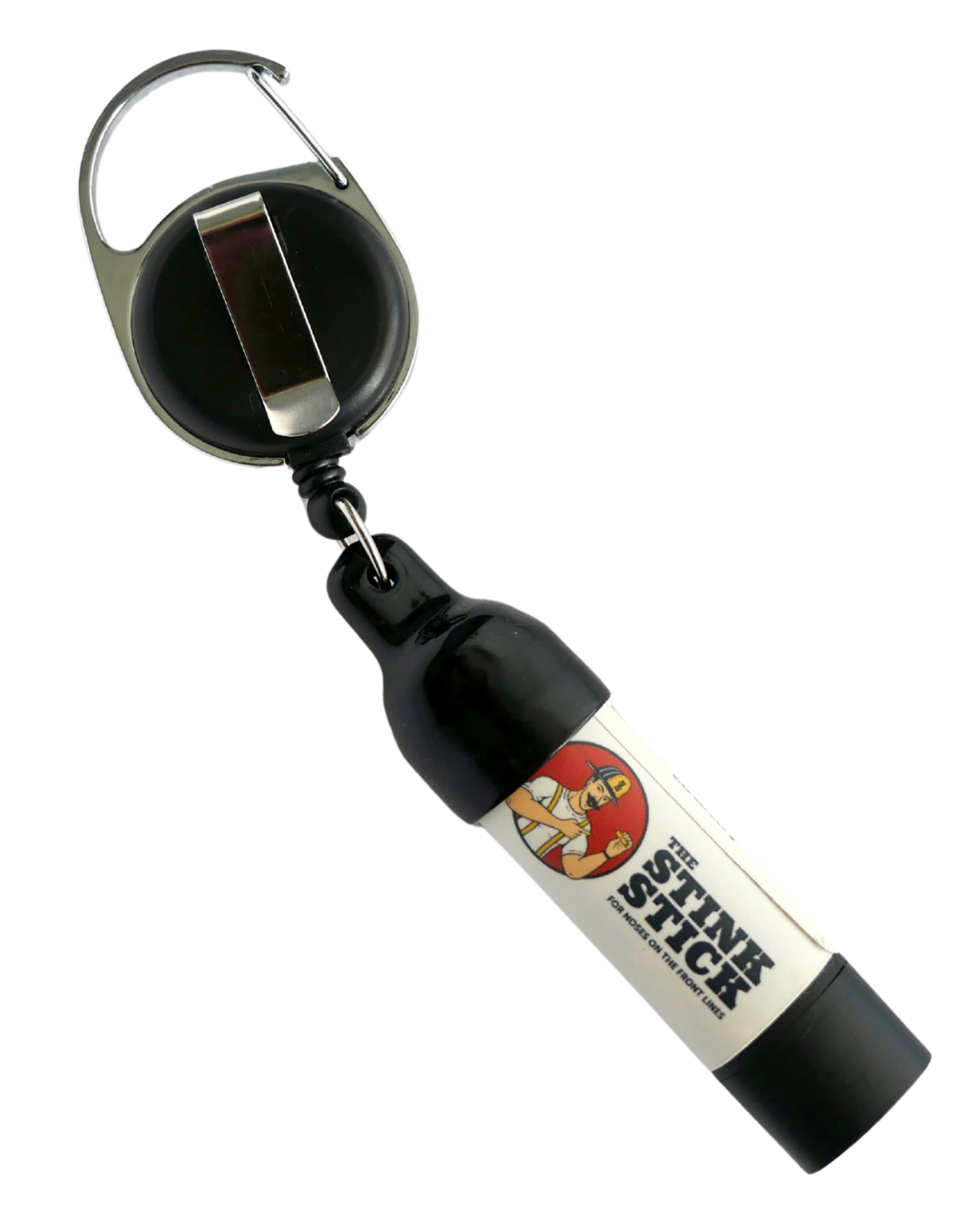 Back of black Stink Stick reel holder with product inserted, showing slide clip for attachment.