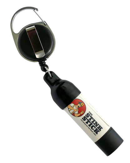 Back of black Stink Stick reel holder with product inserted, showing slide clip for attachment.