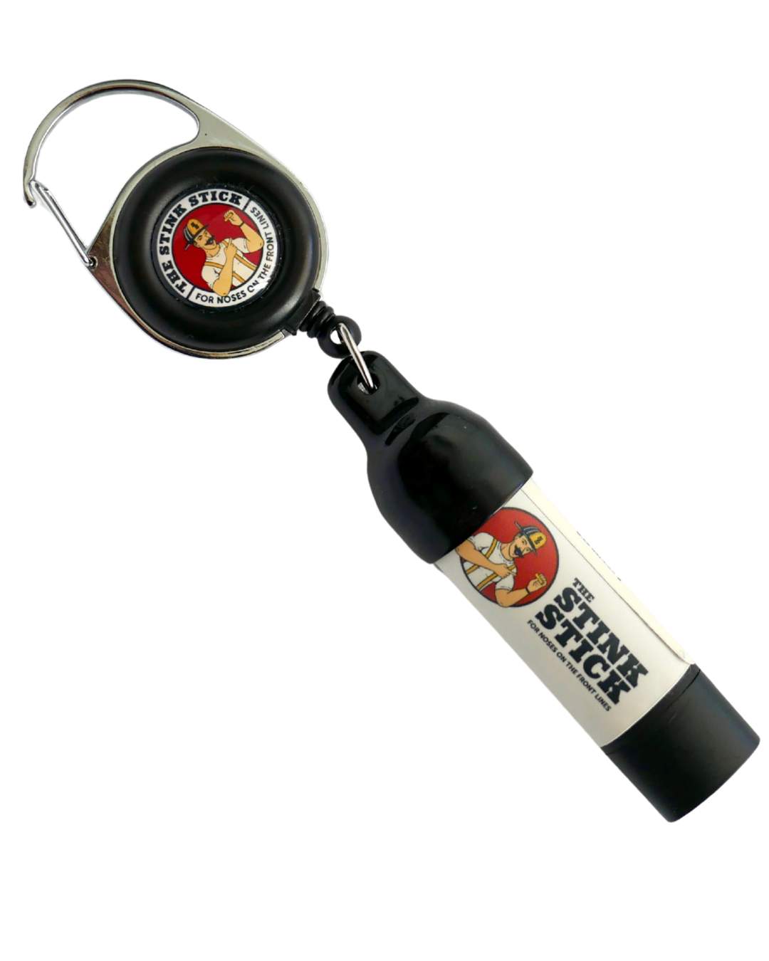 Black Stink Stick reel holder with product inserted, logo visible on front.
