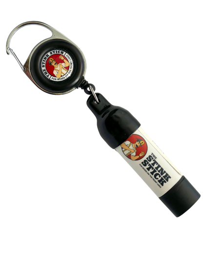 Black Stink Stick reel holder with product inserted, logo visible on front.