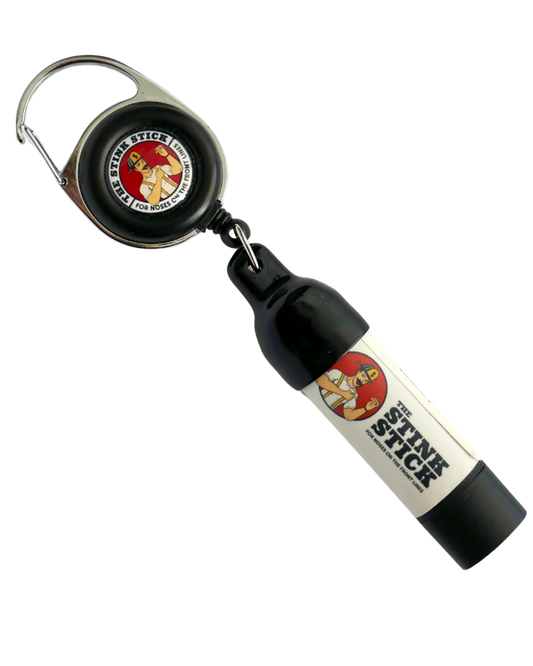 Black Stink Stick reel holder with product inserted, logo visible on front.