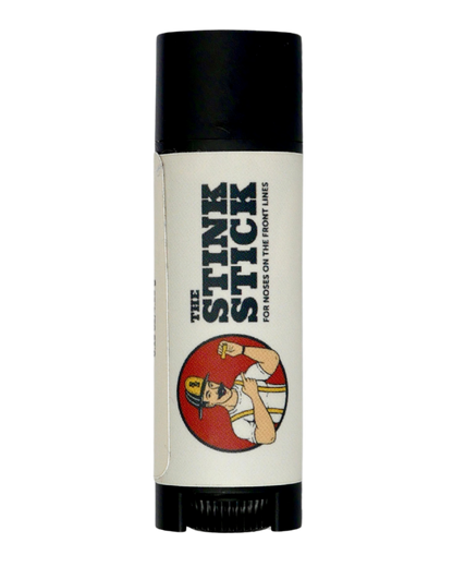 The Stink Stick in its oval chapstick-style tube, standing upright, front view