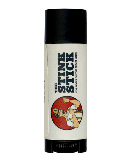 The Stink Stick in its oval chapstick-style tube, standing upright, front view